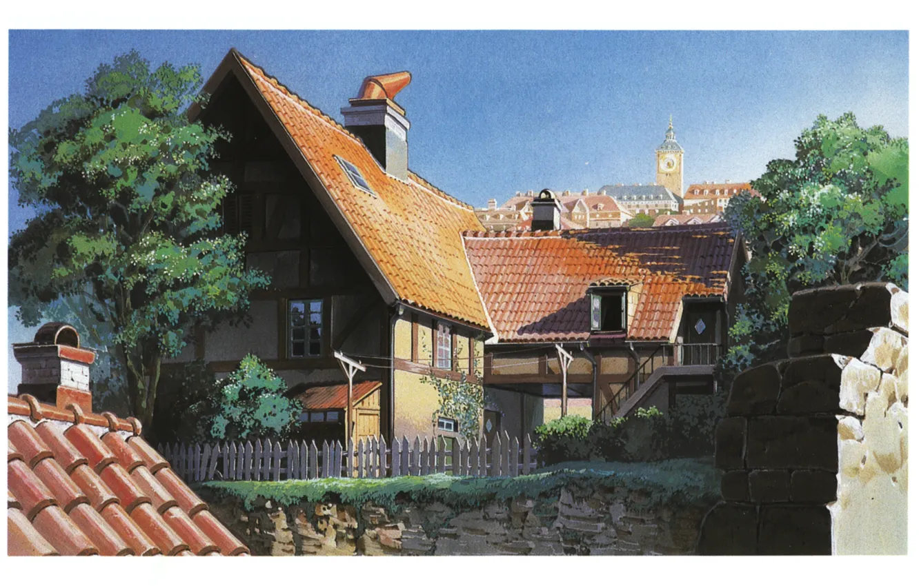 Фото обои лето, деревья, дом, забор, башня, крыши, ведьмина служба доставки, kiki`s delivery service, by hayao miyazaki