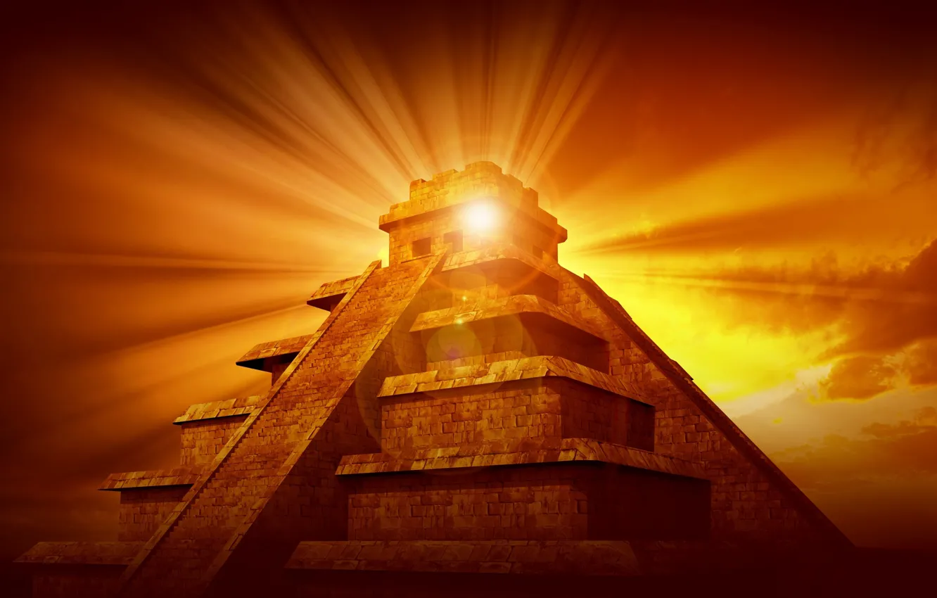 Фото обои солнце, лучи, закат, пирамида