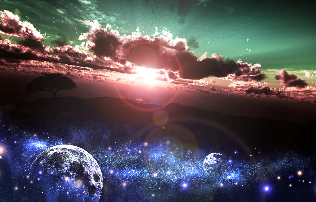 Фото обои небо, солнце, звезды, облака, закат, природа, дерево, земля, планеты, арт, y-k