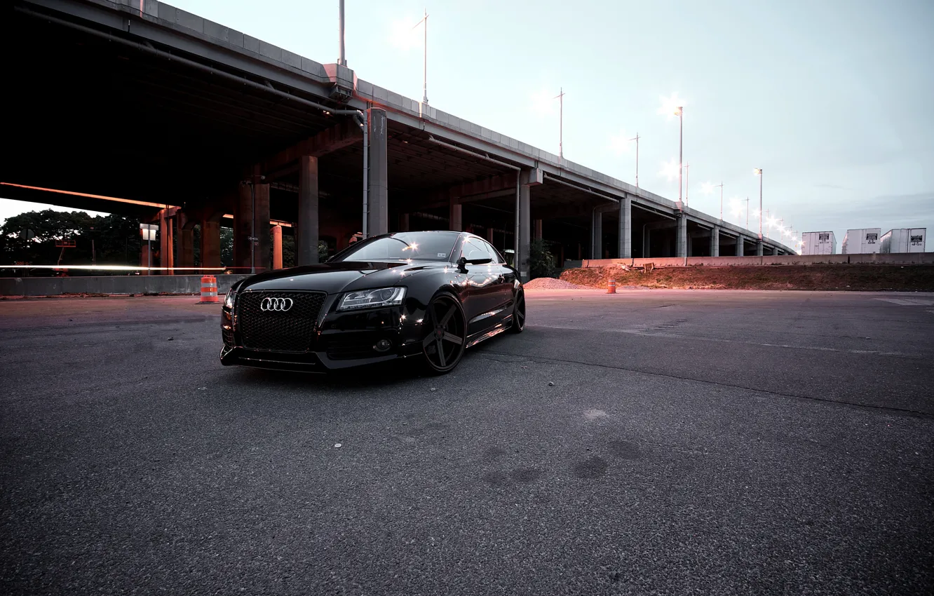 Фото обои Audi, Вечер, Черный, Мост, Фары, RS5, Tuning