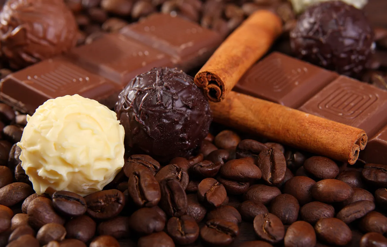 Фото обои белый, шарики, черный, кофе, шоколад, зерна, корица