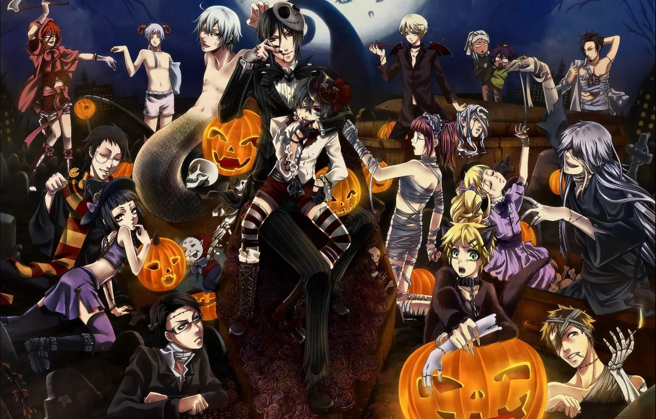 Фото обои ночь, праздник, луна, череп, арт, тыквы, halloween, хеллоуин, мумия, бинты, kuroshitsuji, темный дворецкий