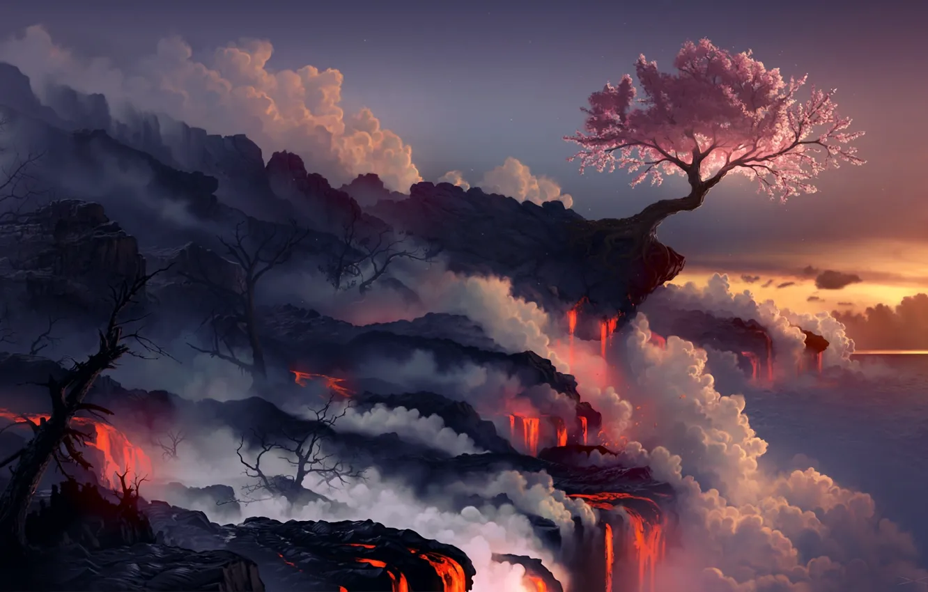 Фото обои море, пейзаж, дерево, скалы, дым, вулкан, сакура, арт, лава, arcipello