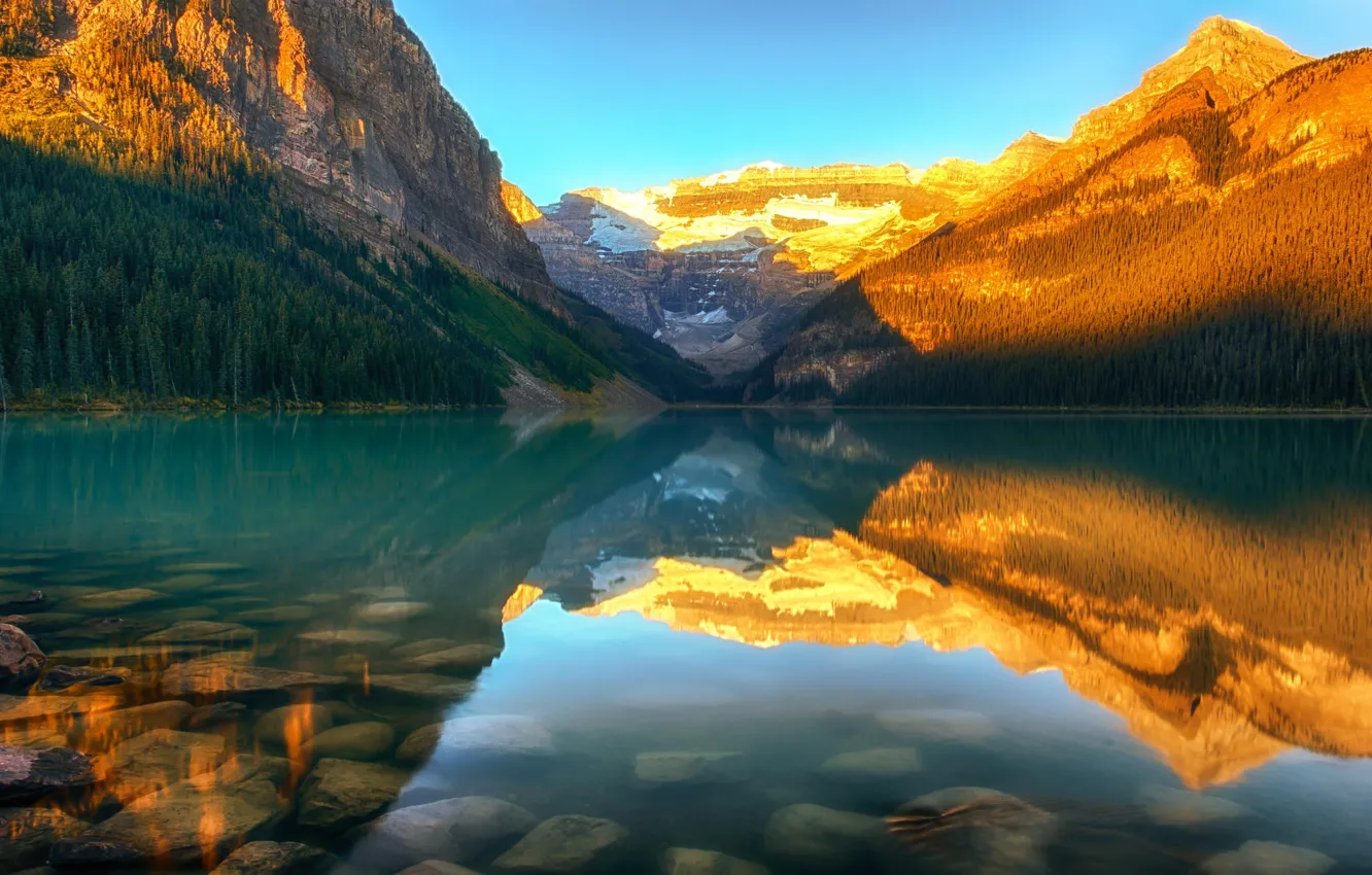 Фото обои лес, закат, горы, природа, озеро, Канада