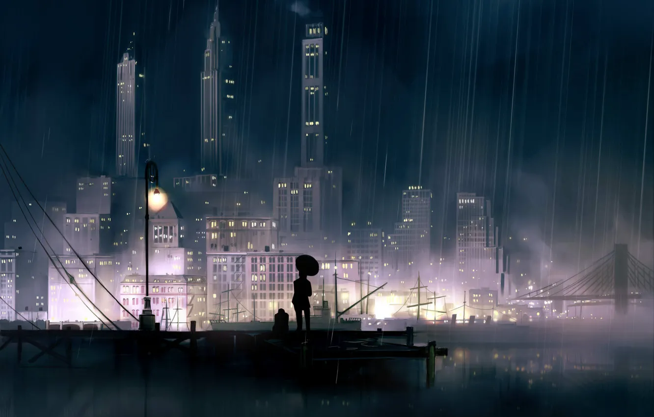 Фото обои ночь, город, огни, дождь, аниме, причал, набережная
