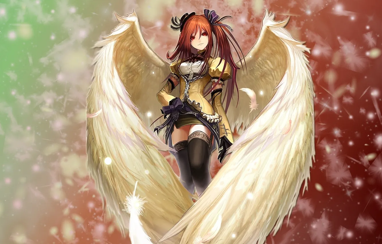 Фото обои сияние, Девушка, крылья, ангел, перья, рыжая