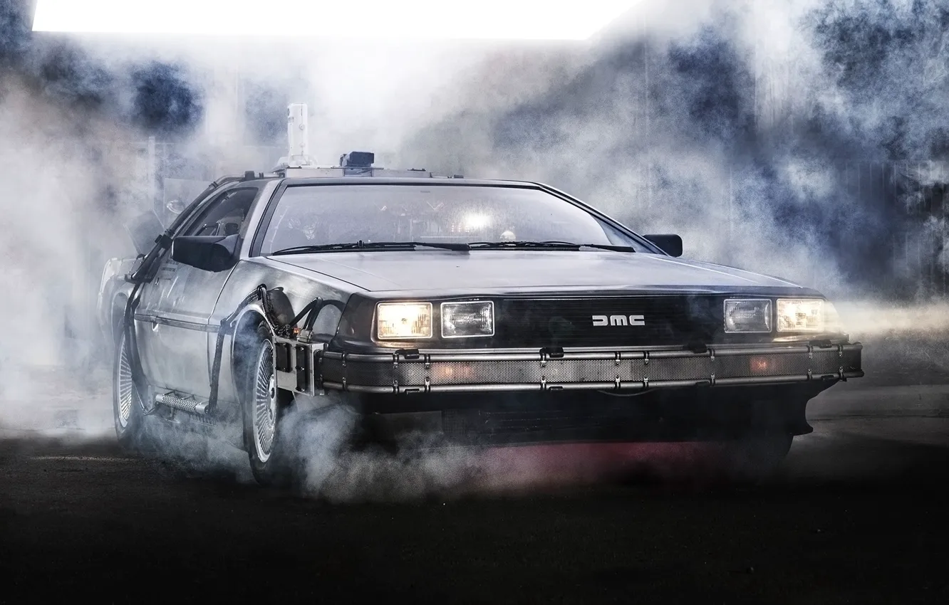 Фото обои фон, фары, дым, Назад в будущее, ДеЛориан, DeLorean, DMC-12, передок, Back to the Future, Машина …