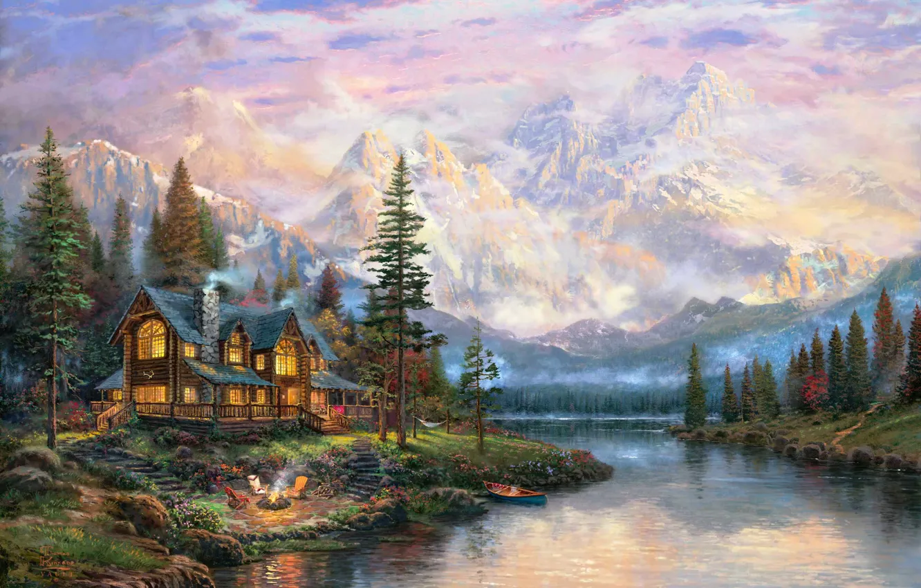 Фото обои лес, горы, туман, дом, река, огонь, лодка, стулья, крест, костер, гамак, живопись, олени, коттедж, Томас …