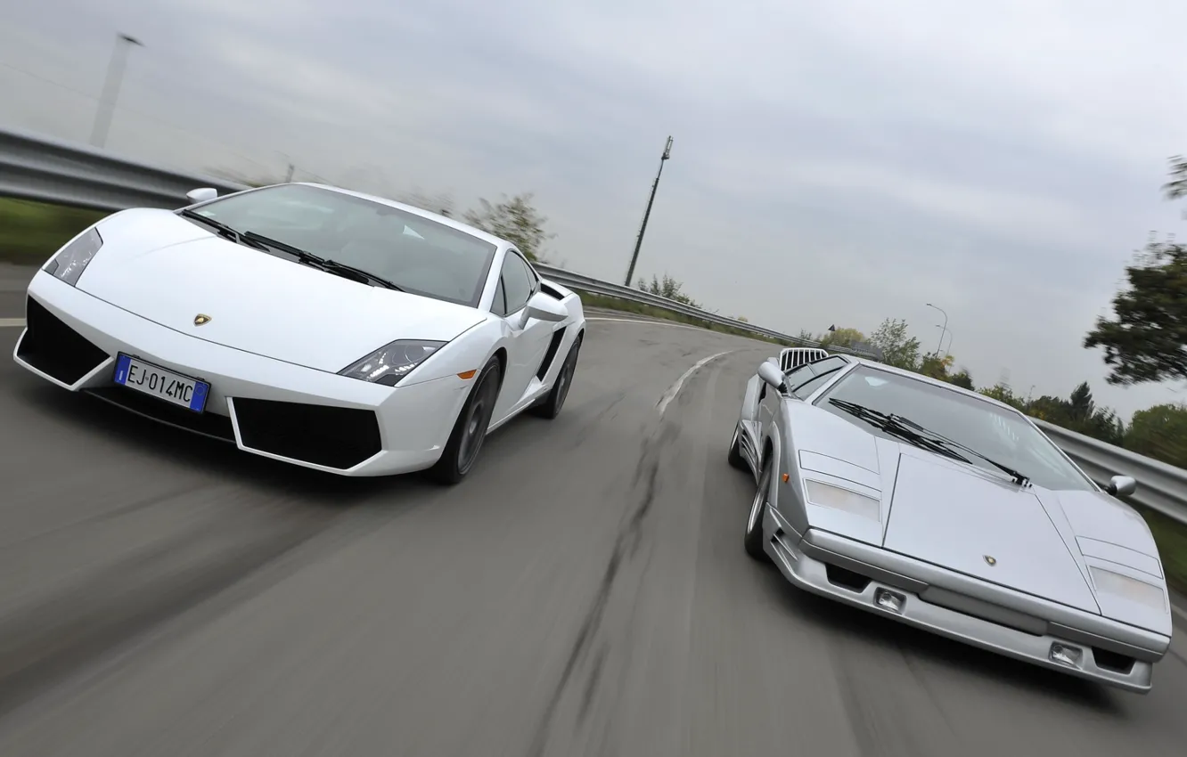 Фото обои дорога, Lamborghini, Gallardo, передок, and, суперкары, Countach, Ламборгини, Галлардо, Каунтач