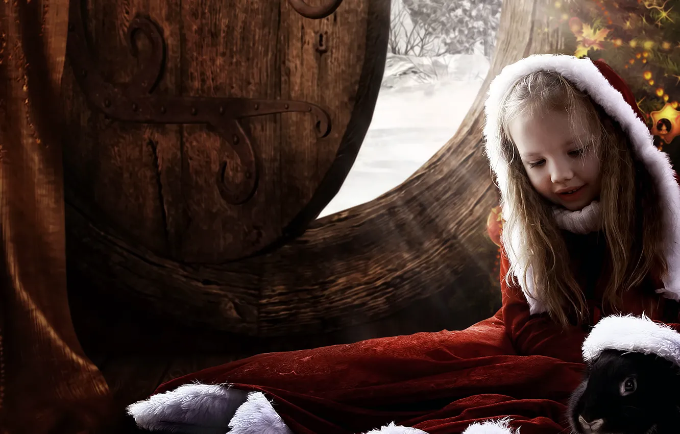 Фото обои зима, фантастика, настроение, черный, ребенок, рождество, кролик, дверь, девочка