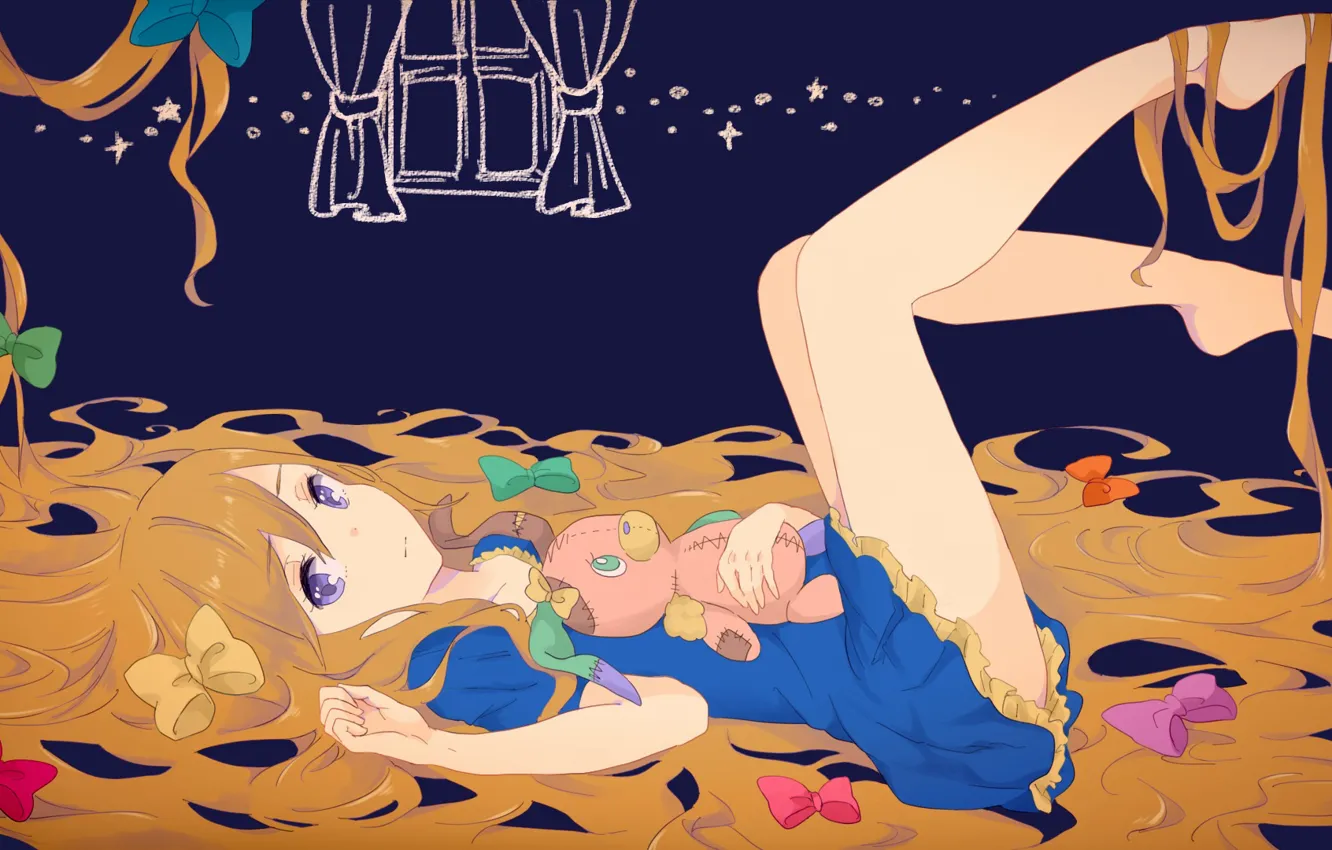 Фото обои девушка, игрушка, сон, аниме, платье, окно, зайчик, бантик