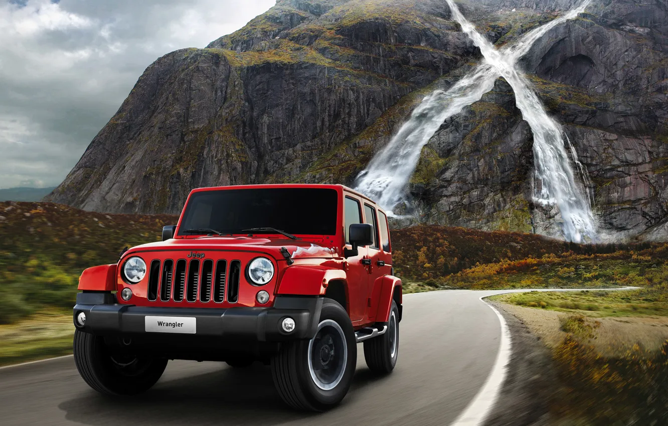 Фото обои дорога, машина, горы, водопад, джип, автомобиль, Jeep, 2015, Wrangler X