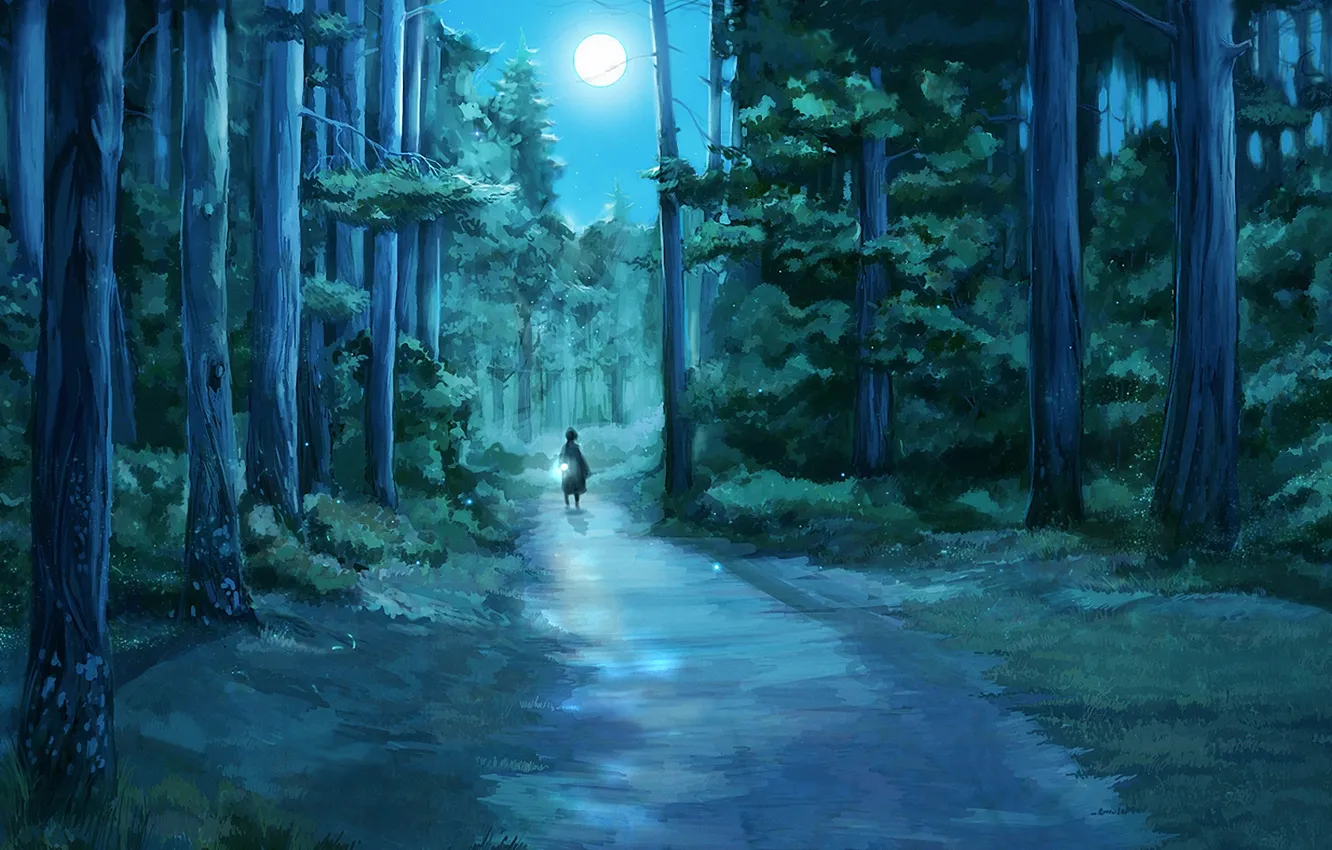 Фото обои лес, ночь, светлячки, луна, рисунок, фонарик, девочка, ёлки, тропинка