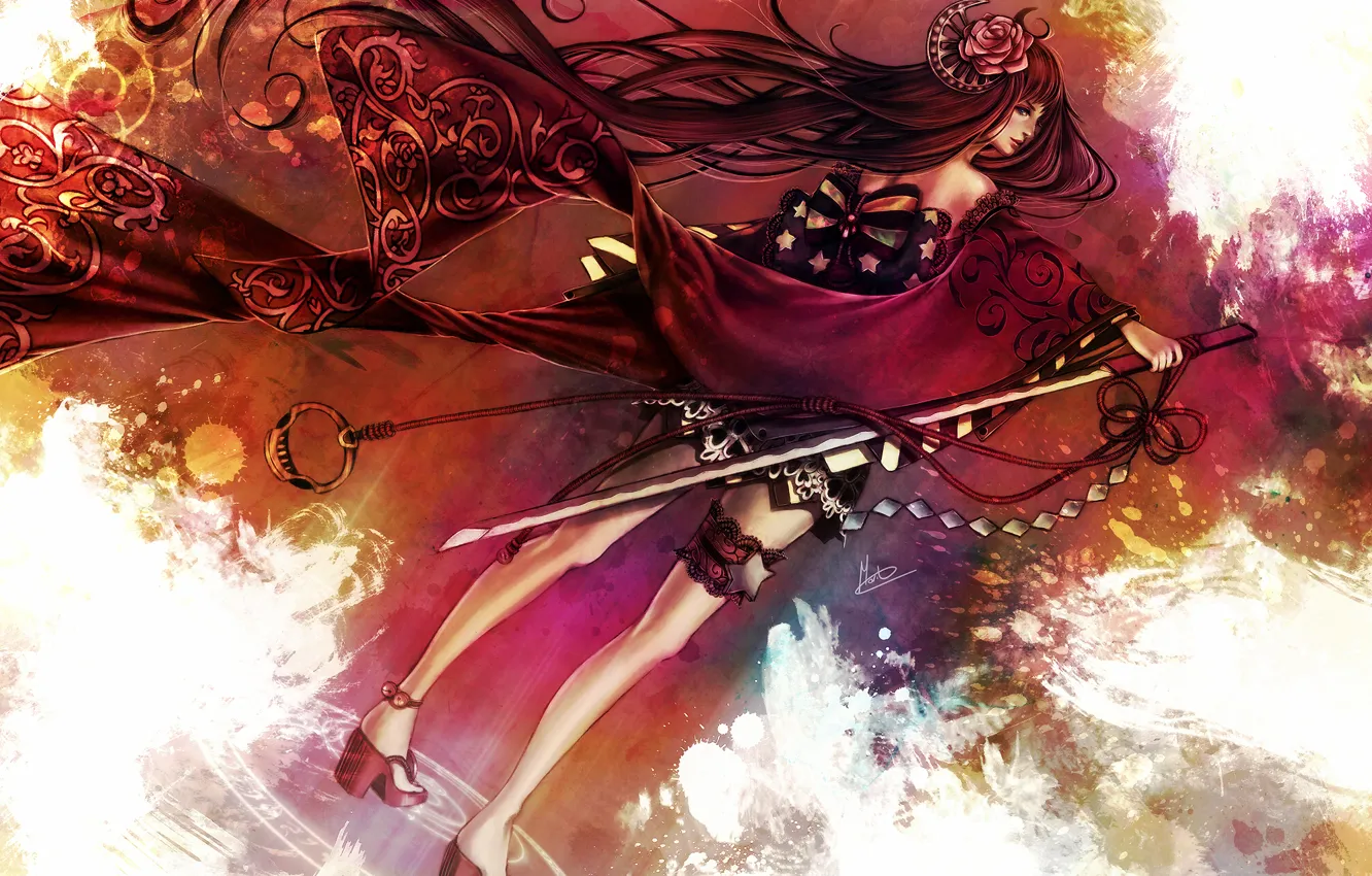 Фото обои цветок, девушка, роза, меч, катана, кимоно, бант, подвязка, печать, сюрикен, Rose of Death