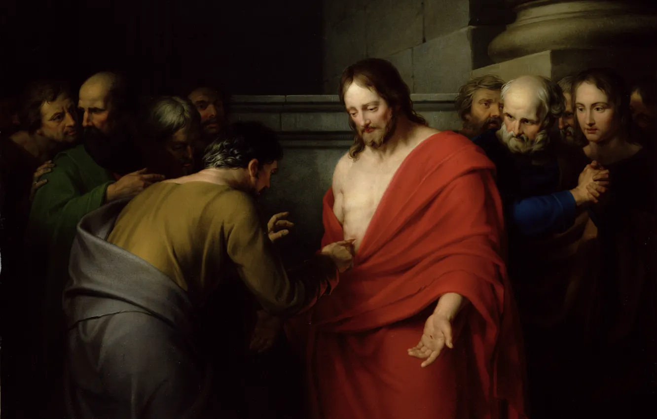 Фото обои живопись, христос, рана, painting, апостолы, jesus back, иисус воскрес, красная мантия, фома неверующий