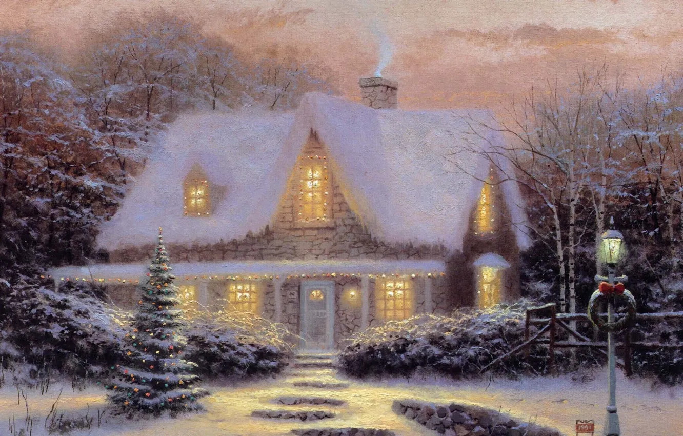 Фото обои зима, закат, игрушки, елка, вечер, Рождество, домик, Thomas Kinkade, кинкейд, CHRISTMAS, COTTAGE, Christmas Eve