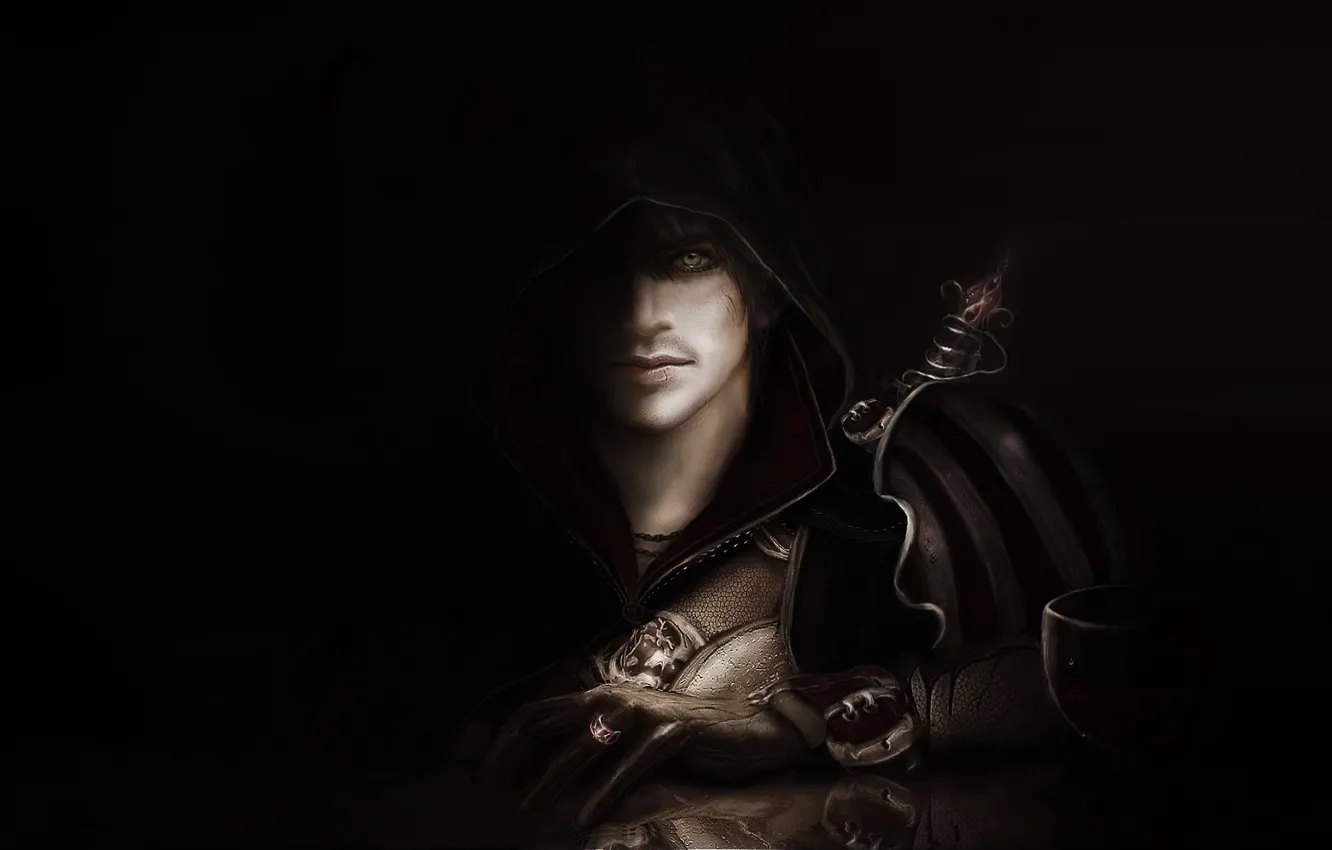 Фото обои капюшон, мужчина, черный фон, плащ, это не эцио, Assassin's creed II