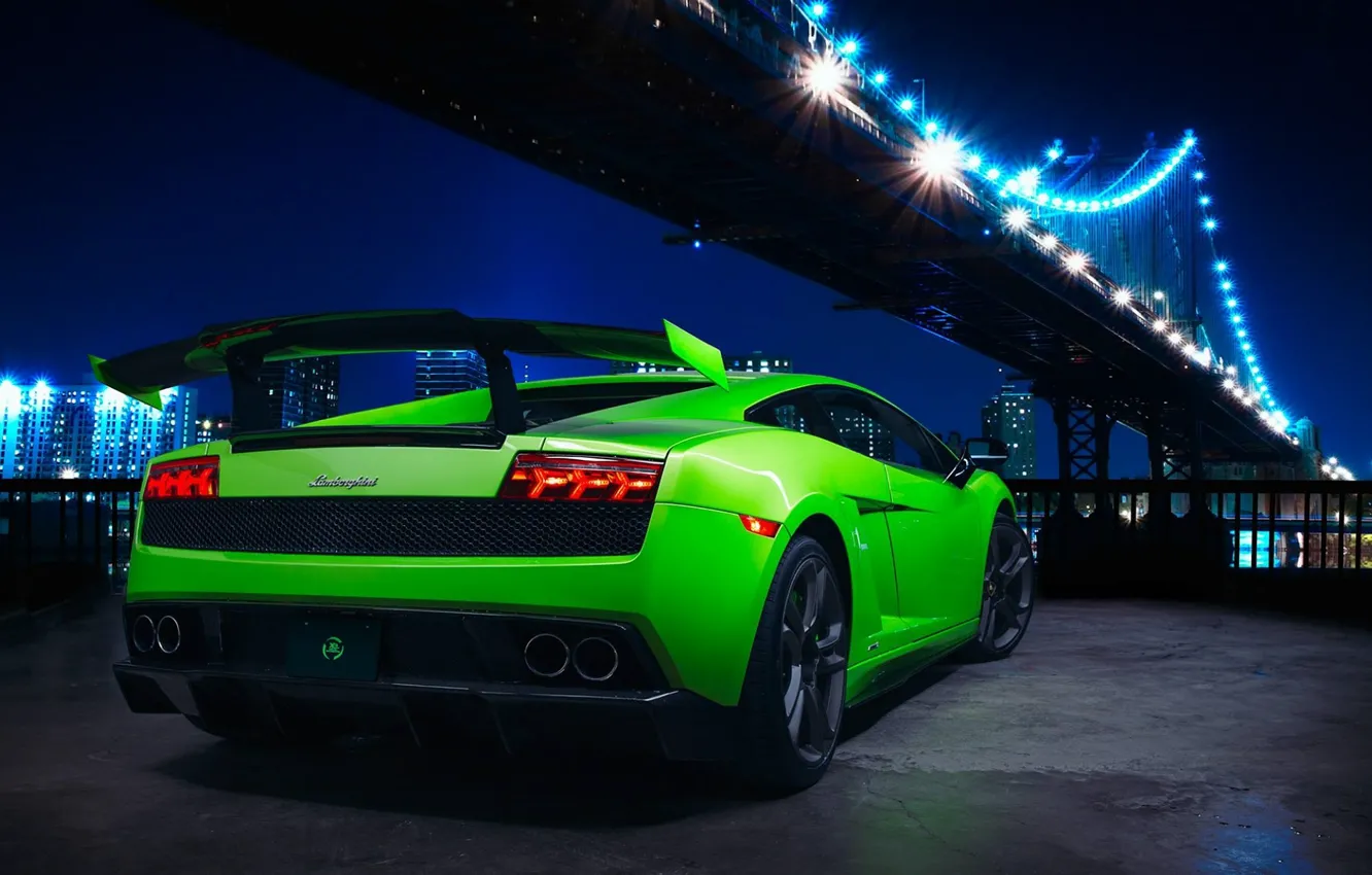 Фото обои Lamborghini, Superleggera, Gallardo, Green, Bridge, Night, LP 560-4
