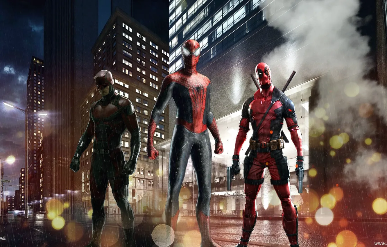 Фото обои deadpool, spider man, daredevil, Red team