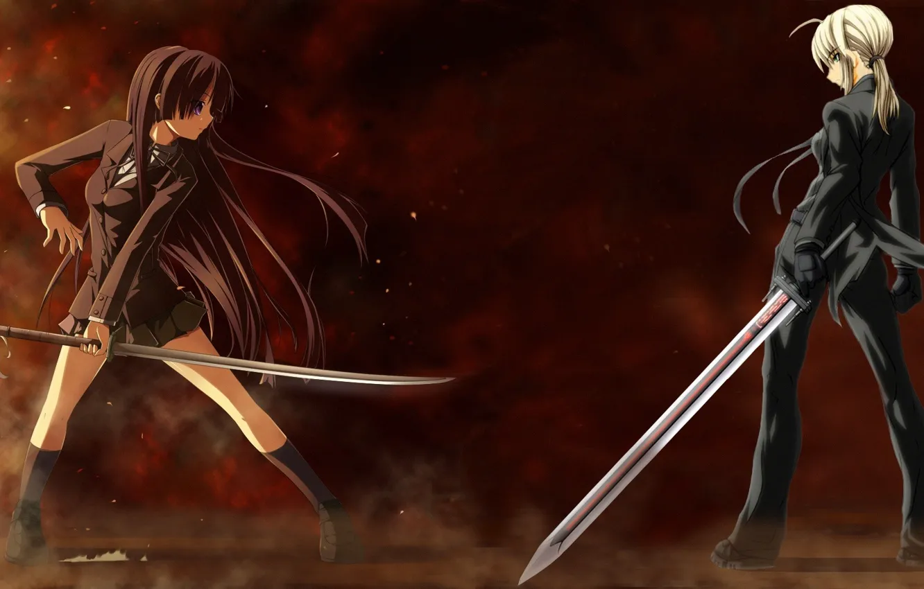 Фото обои девушки, аниме, дуэль, мечи