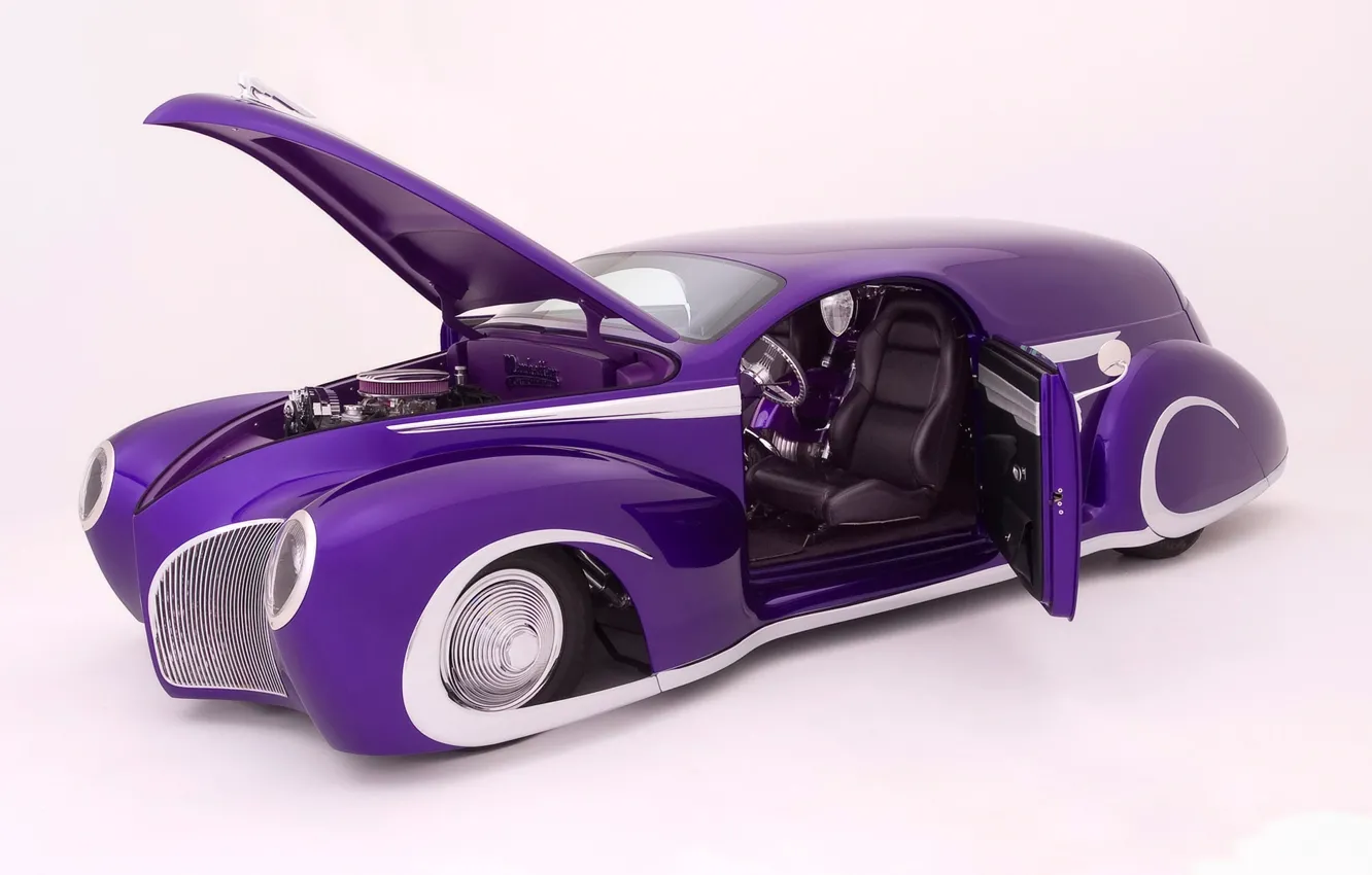 Фото обои Машины, на белом фоне, фиолетовая машина, низкая посадка, открыты дверь и капот, lincoln custom
