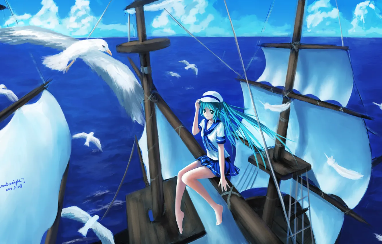 Фото обои небо, девушка, облака, океан, корабль, высота, чайки, аниме, арт, vocaloid, hatsune miku, sombernight