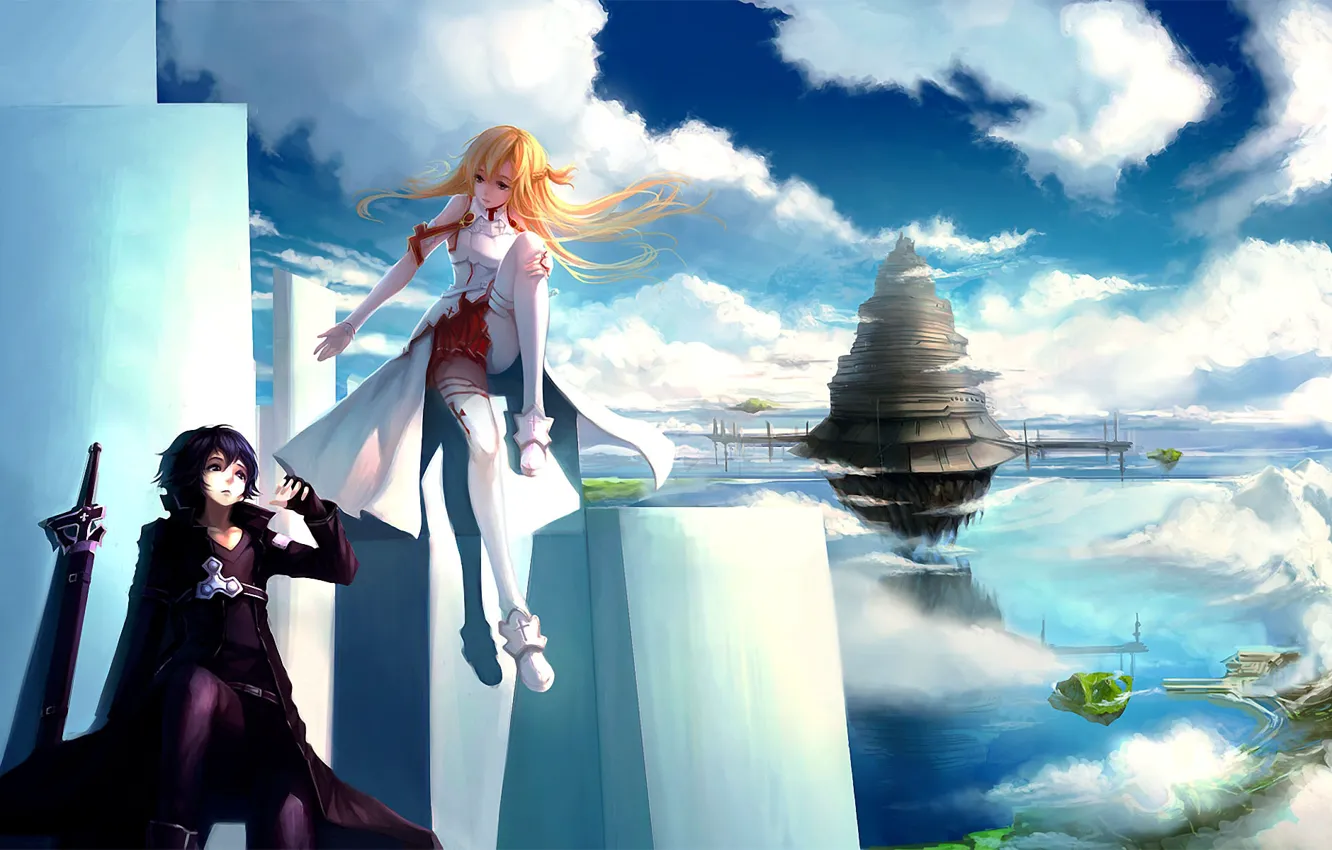 Фото обои девушка, облака, город, оружие, башня, арт, плиты, парень, в небе, sword art online, yuuki asuna, …
