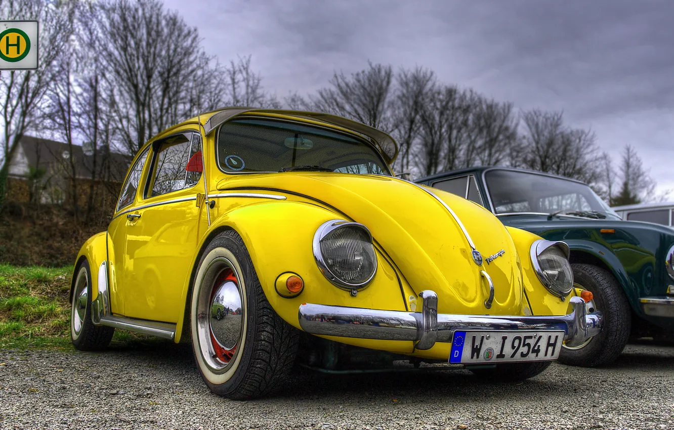 Фото обои жук, volkswagen, hdr, vintage, yellow, beetle, car. vw