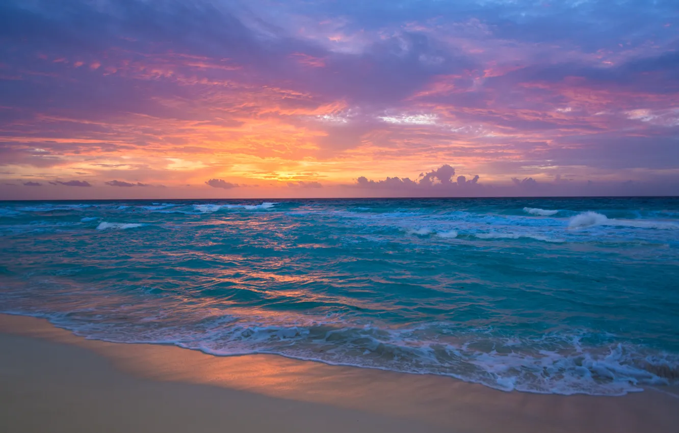 Фото обои песок, море, волны, рассвет, прибой