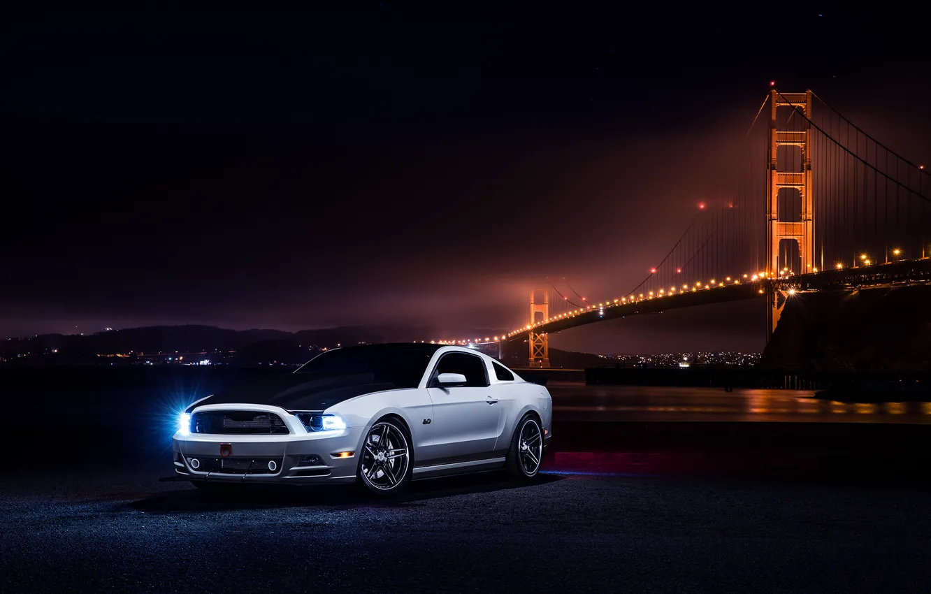Фото обои Mustang, Ford, Muscle, Car, Front, Bridge, White, Collection, Aristo, Nigth