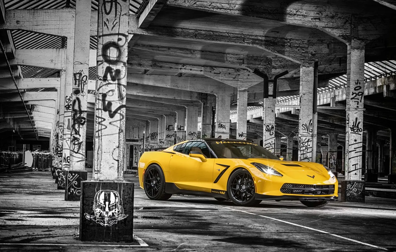 Фото обои Corvette, Chevrolet, Muscle, Car, Front, Yellow, Stingray, HPE700, 2015, Ruffer
