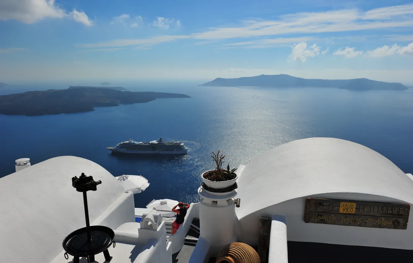 Фото обои море, пейзаж, вид, Греция, лайнер, Santorini