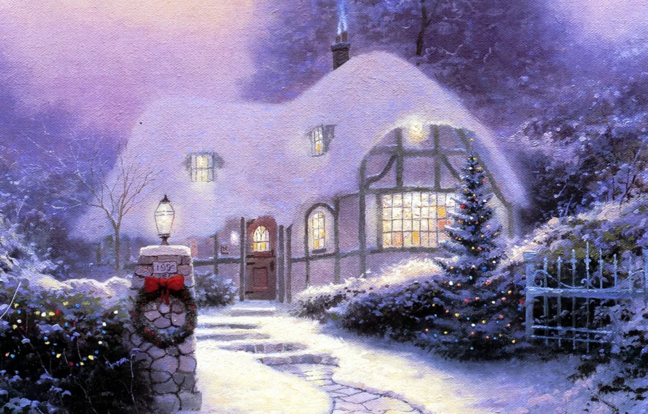 Фото обои снег, праздник, картина, номер, дорожка, фонарь, ступеньки, ёлка, живопись, свет в окнах, Thomas Kinkade, 1990, …