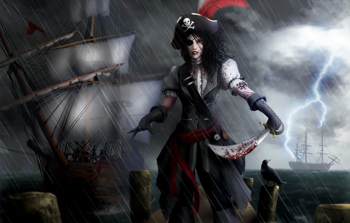 Фото обои море, девушка, дождь, перо, молния, кровь, корабли, арт, перчатки, повязка, пиратка, сабля, треуголка, Ryan Jones
