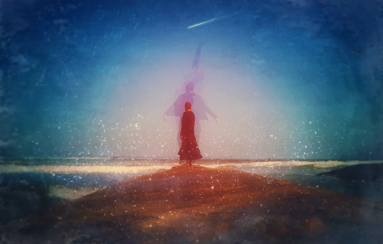 Фото обои волны, пляж, небо, женщина, лодки, падающая звезда, восхождение