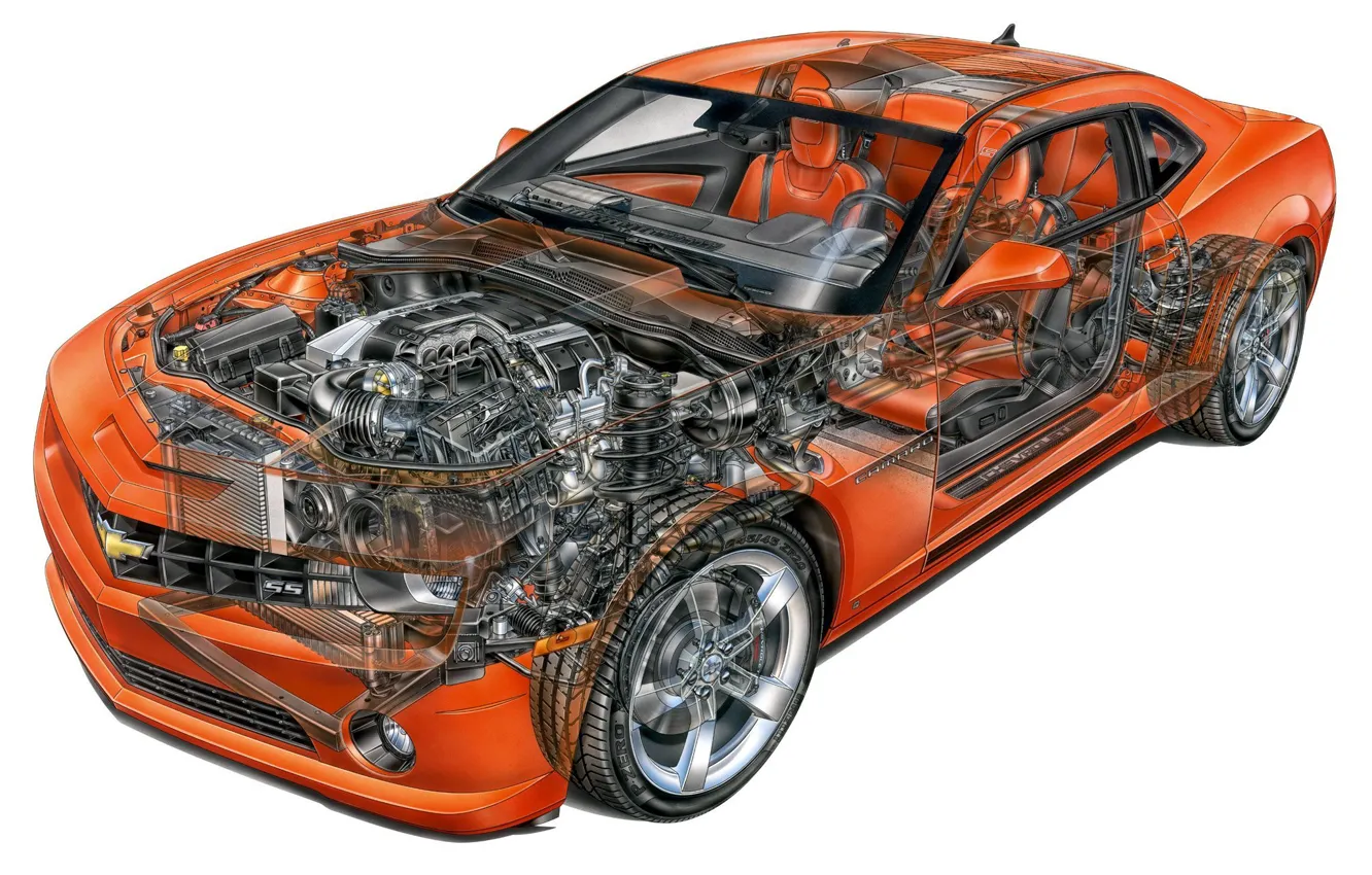 Фото обои двигатель, оранжевая, Camaro SS, салон, coupe, 2009
