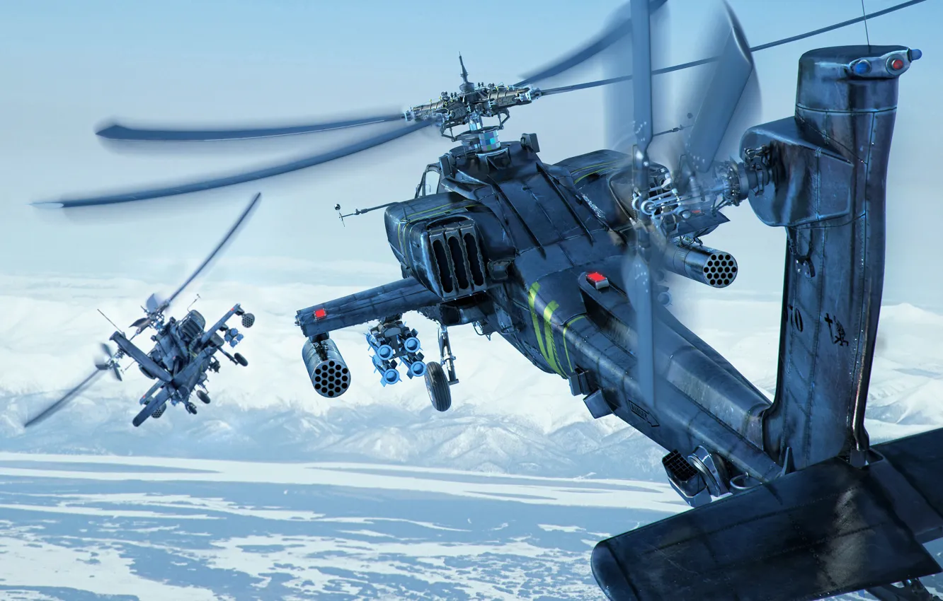Фото обои небо, снег, горы, земля, вертолеты, Boeing, боевые, Apache, AH-64D, ударные, Longbow, helicopters