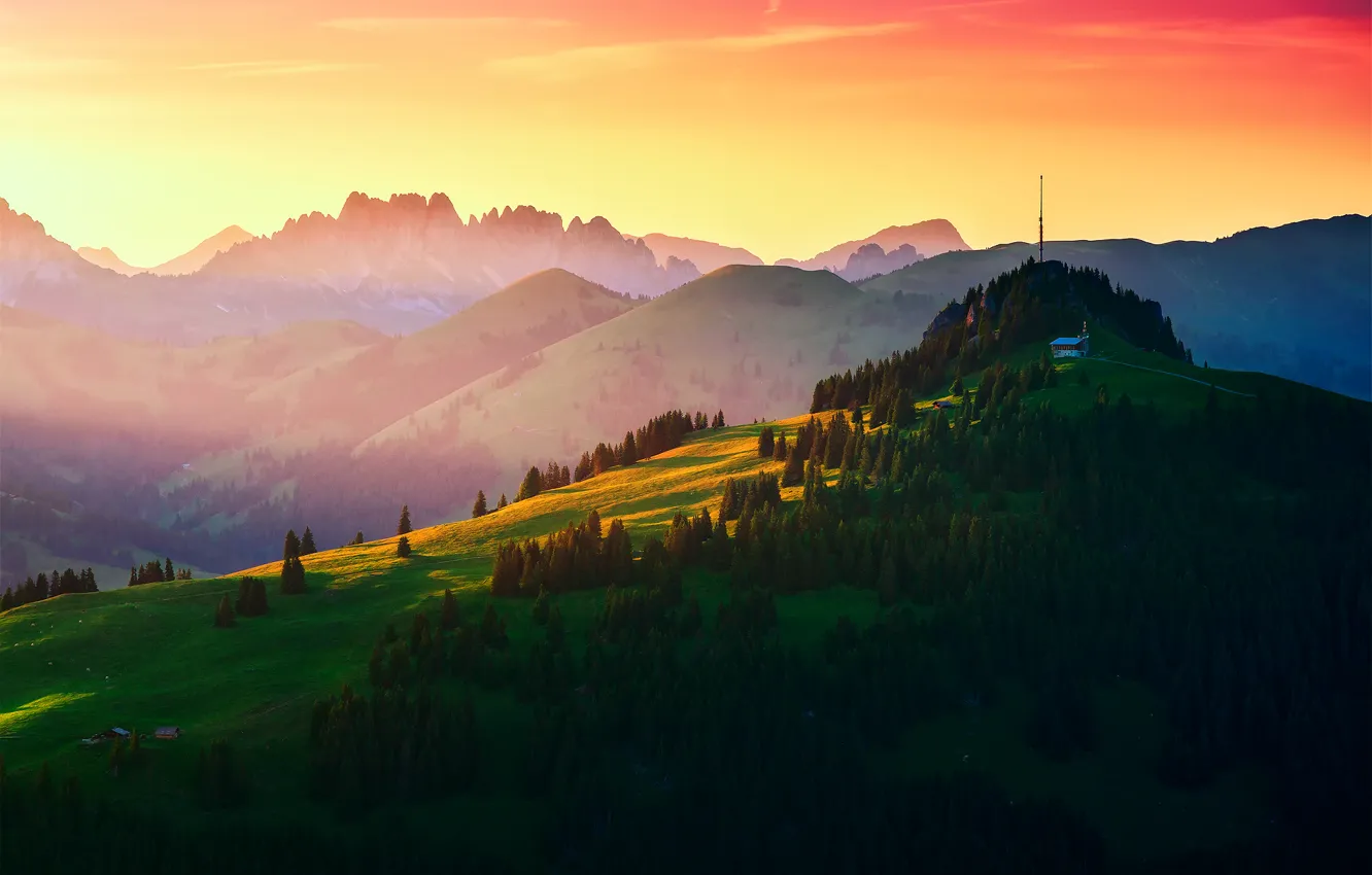 Фото обои лето, горы, холмы, Швейцария, леса, радио вышка