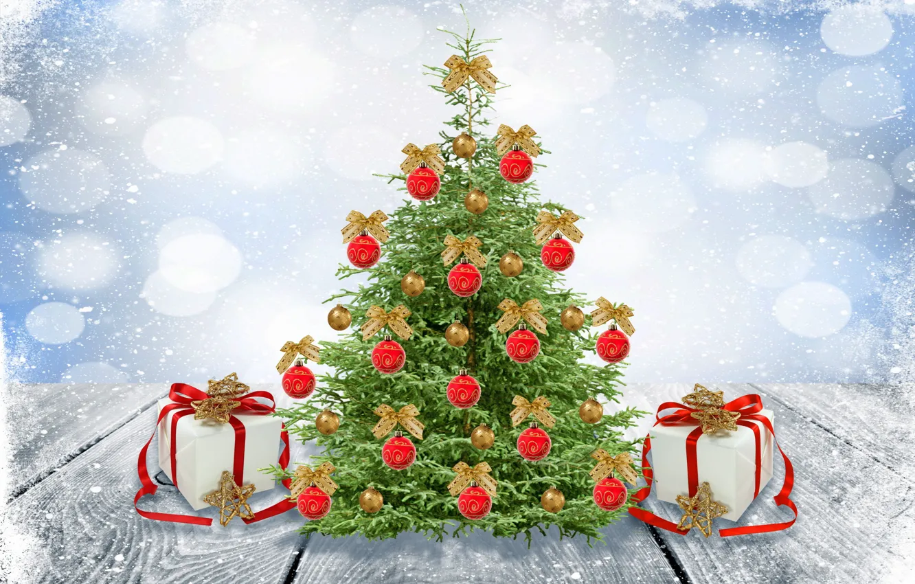 Фото обои зима, снег, шары, игрушки, елка, Новый Год, Рождество, Christmas, winter, snow, банты, decoration, Merry