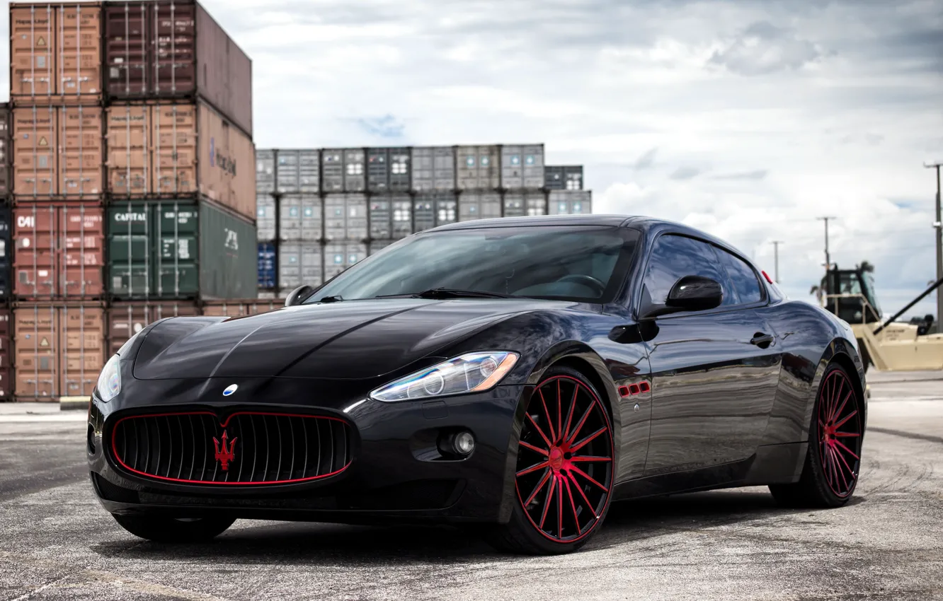 Фото обои Maserati, black, GranTurismo, with, exterior, painted, lowered, Vossen wheels, matched, and red, on color, accents …