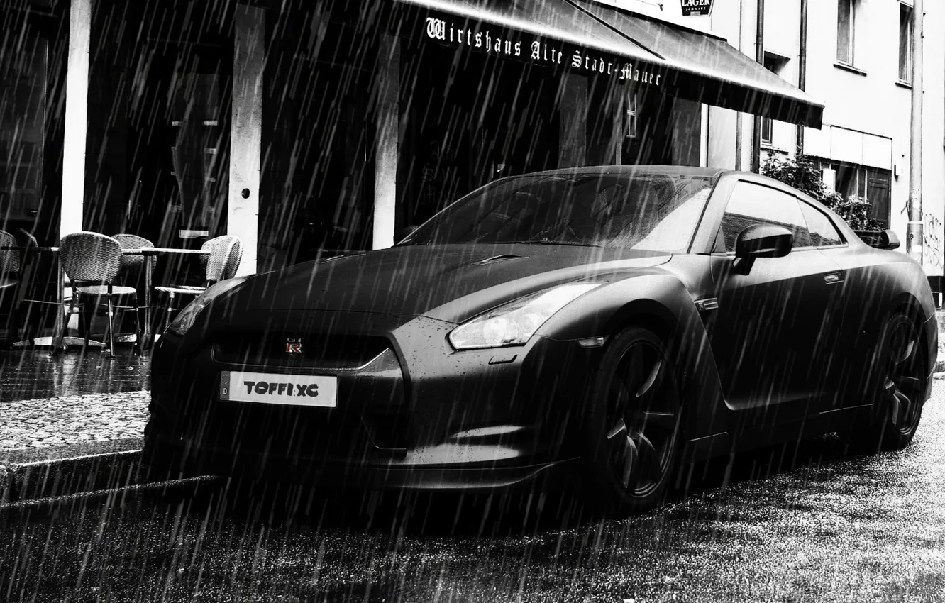 Фото обои машина, дождь, улица, Nissan, ниссан