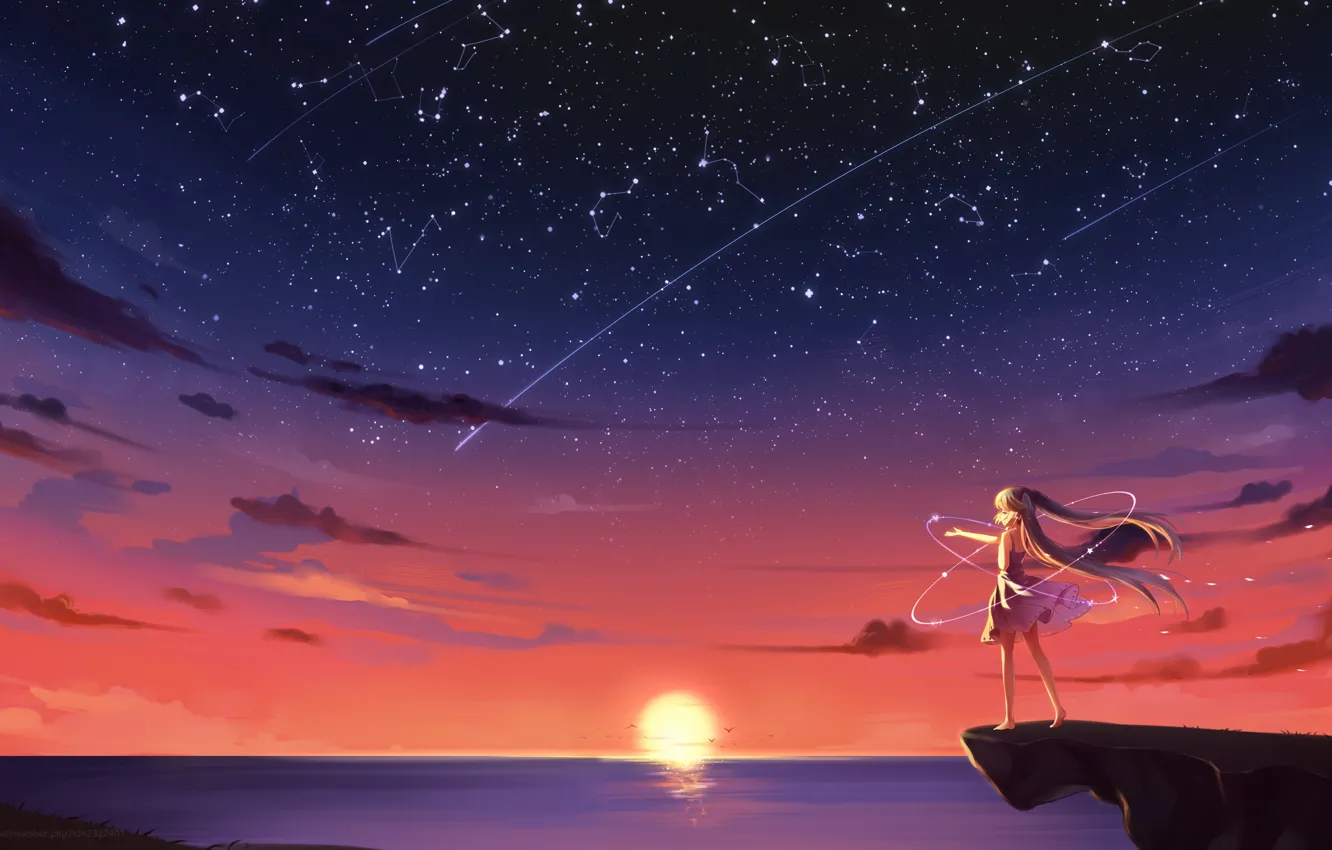 Фото обои небо, девушка, солнце, звезды, облака, закат, чайки, аниме, арт, vocaloid, hatsune miku, kyuri