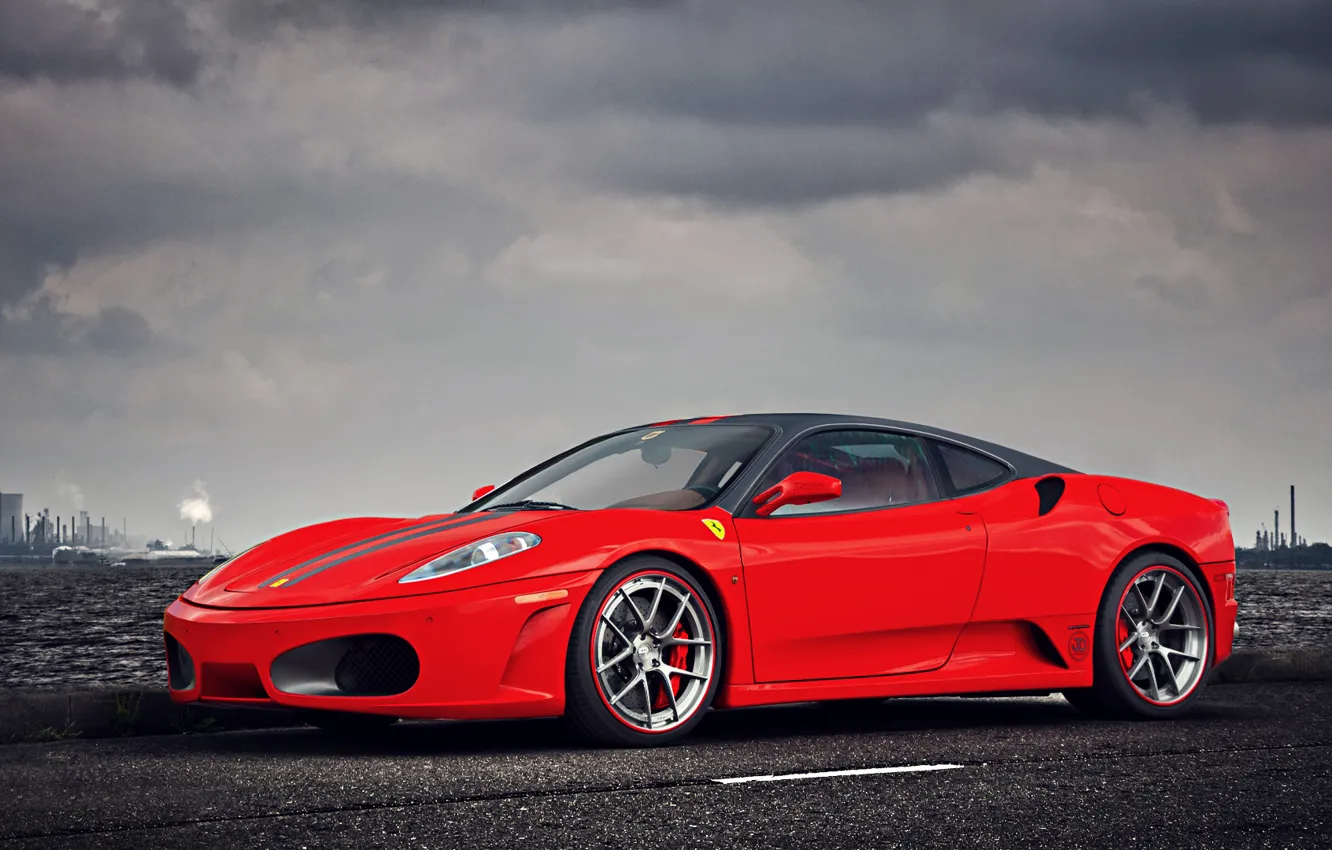 Фото обои F430, Ferrari, Red, Clouds, Sky, Landscape, Water, Supercar, Fact...