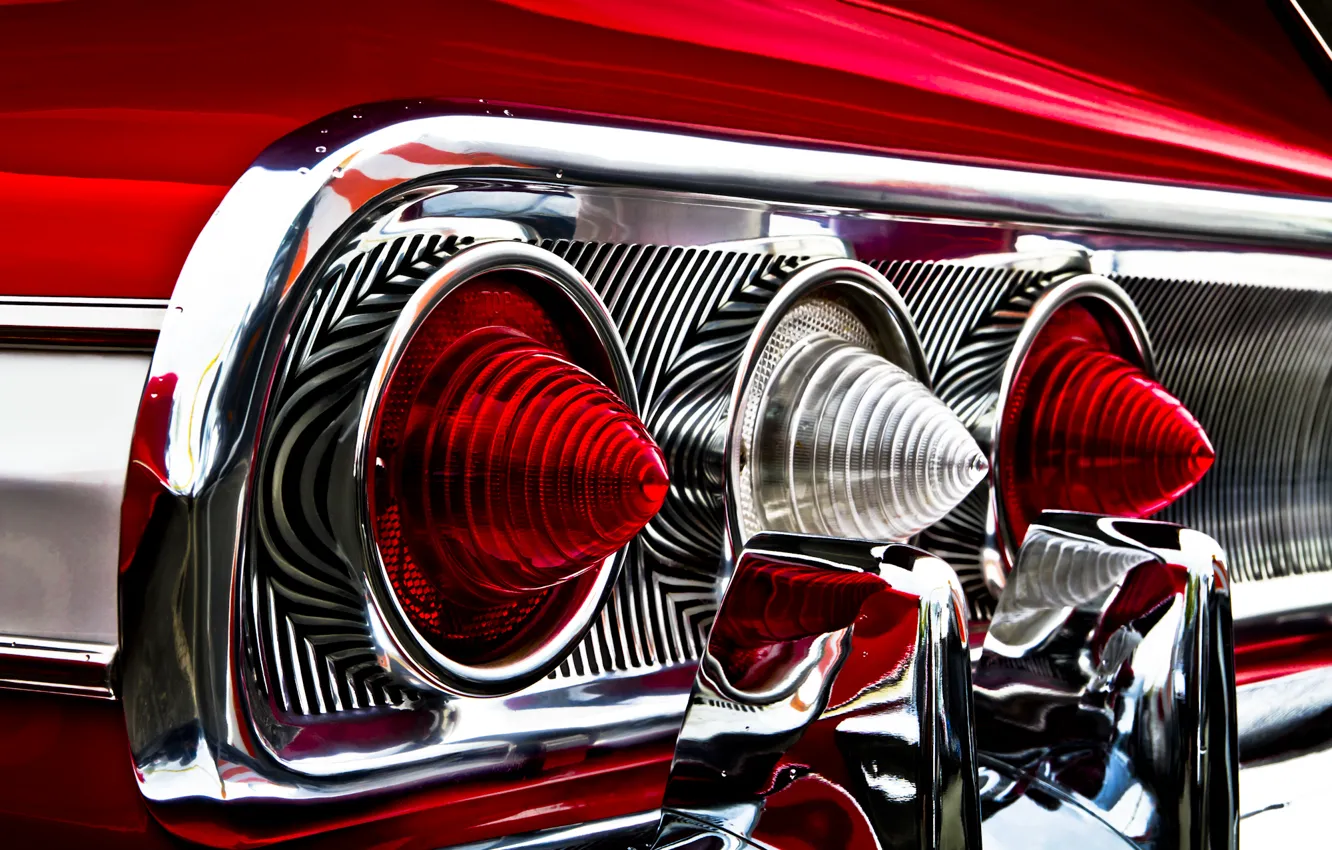 Фото обои отражение, фары, Chevrolet, red, шевроле, красная, rear, Impala, импала, задние огни, хромированные детали