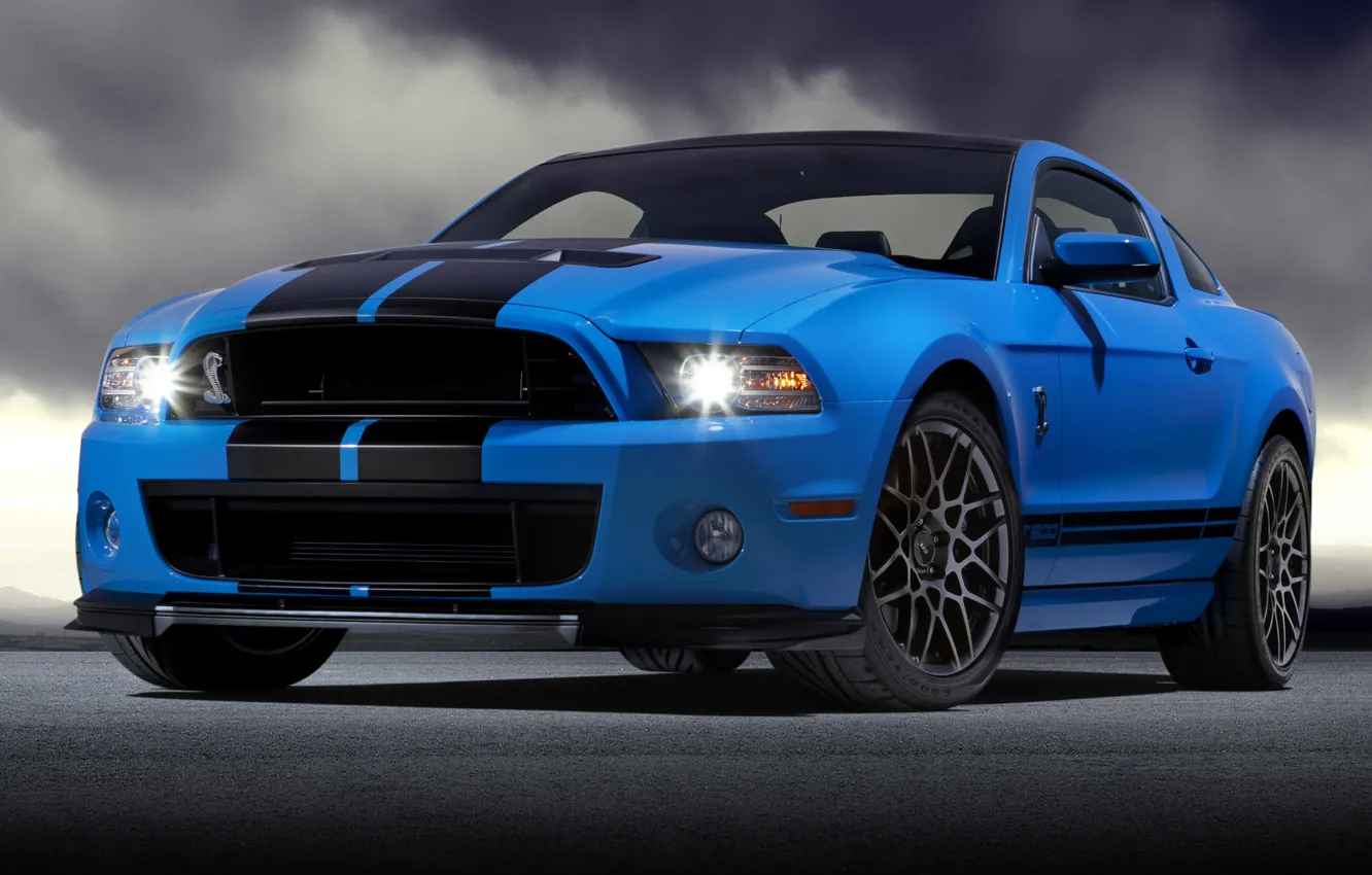 Фото обои синий, Mustang, Ford, Shelby, GT500, мустанг, форд, шелби, blue, передняя часть, спортивные полосы