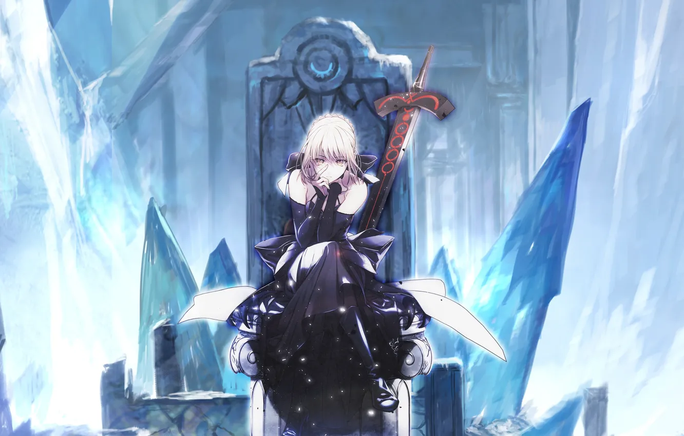Фото обои девушка, оружие, меч, аниме, арт, трон, saber, saber alter, fate/hollow ataraxia