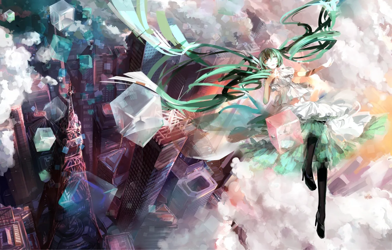 Фото обои девушка, облака, город, башня, высота, дома, арт, Hatsune Miku, Vocaloid, Вокалоид, h2so4kancel