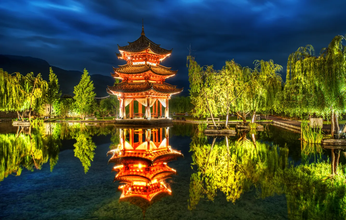 Фото обои деревья, пруд, парк, отражение, China, Китай, пагода, Lijiang