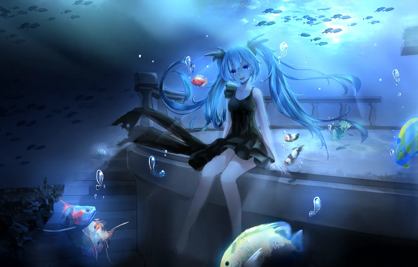 Фото обои девушка, рыбки, пузыри, аниме, арт, лестница, vocaloid, hatsune miku, под водой, magicians