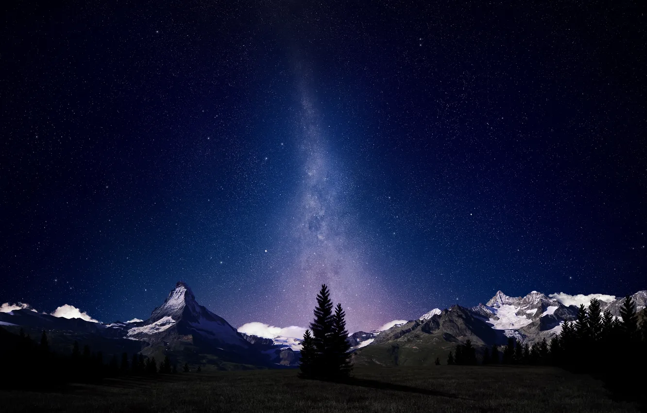 Фото обои лес, звезды, горы, ночь, Альпы, млечный путь
